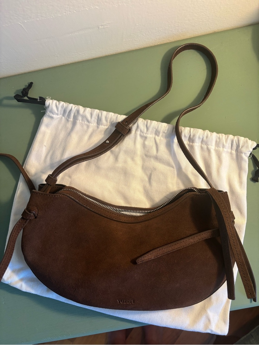 Yuzefi Brown Suede Crescent Shoulder Bag